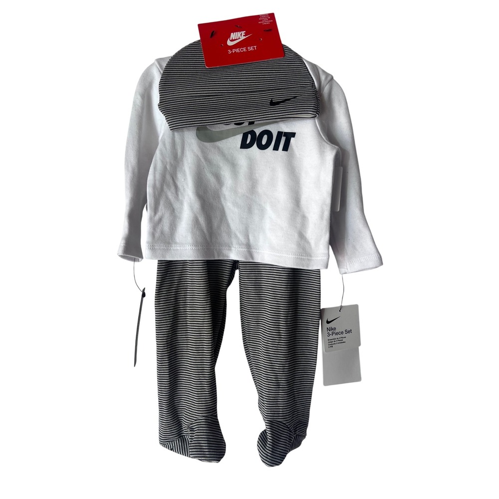 Nike Infant 3-Piece Set Just Do It White Striped Footed Pants Beanie 3M